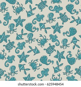 Seamless pattern with marine animals: whale, cancer, turtle, octopus, fish, starfish, seahorse. Vector.