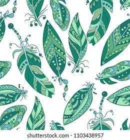 Seamless pattern in marine colors with feathers in tribal stye with beads in vector graphic with native ornaments