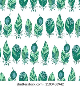 Seamless pattern in marine colors with horizontal lines of  feathers in tribal stye with beads in vector graphic