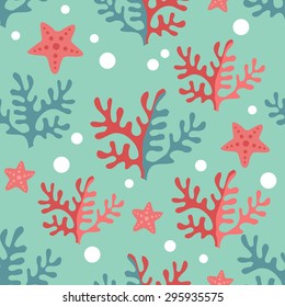 Seamless pattern of marine. Corals and starfish on a blue background. Ocean background. Marine life seamless pattern with sea animals. Marine life seamless background.