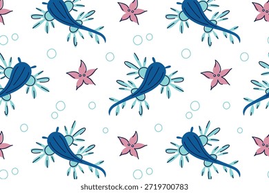 Padrão contínuo com criaturas marinhas em estilo infantil doodle, vetor ilustração de desenhos animados planos. Dragão glauco azul, molusco bonito e estrela-do-mar, bolhas, fundo de design de crianças do oceano brincalhão