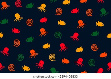 Seamless pattern with marine creatures isolated on blue background. Cute fish,octopuses and sea snakes doodle design for kids.