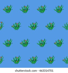 Seamless Pattern. Marine Design Pattern with algae and clownfish.  Blue ocean background.