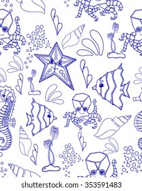 Seamless pattern. Marine Drawings. Vector Illustrations Robot Inhabitants of the Underwater World. Steampunk animal