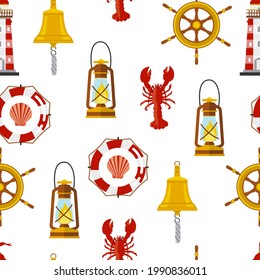 Seamless pattern with marine elements: anchor, steering wheel, kerosene lamp, lobster, oil lamp, rope, shells, bell.