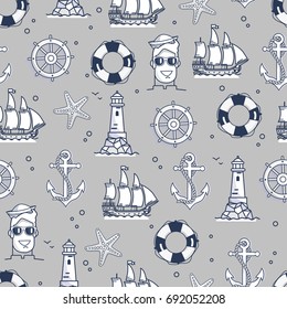 Seamless pattern with marine elements in black and white colors. Nautical objects as ship, sea wheel, life buoy and mariner on endless texture