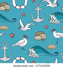 Seamless pattern with marine elements. Cartoon anchor, lifebuoy, seagull, starfish, stones and wave on blue water background. Vector stock illustration for kids, textile, fabrics, cards, wrapping