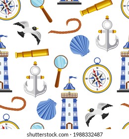 Seamless pattern with marine elements: lighthouse, anchor, bell, steering wheel, seagulls, compass, oil lamp, rope, seashells