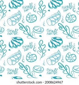 Seamless pattern with marine elements on a white background. Shells, molluscs, algae. Azure palette. The vector is made in a flat style. Suitable for textiles and packaging.