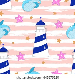 Seamless pattern with marine elements. Vector illustration.