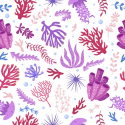 Seamless Pattern With Marine Fauna - Corals, Jellyfish, Sea Anemones, Seaweed, Sea Urchin, Bubbles. Vector Illustration Hand Drawn Style For Fabrics, Wallpaper, Wrapping Paper