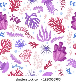 Seamless pattern with marine fauna - corals, jellyfish, sea anemones, seaweed, sea urchin, bubbles. Vector illustration hand drawn style for fabrics, wallpaper, wrapping paper