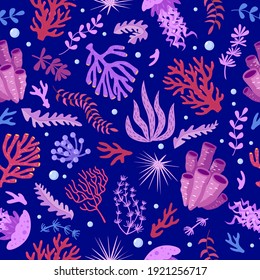 Seamless pattern with marine fauna - corals, jellyfish, sea anemones, seaweed, sea urchin, bubbles. Vector illustration hand drawn style for fabrics, wallpaper, wrapping paper