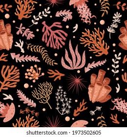 Seamless pattern with marine fauna - corals, jellyfish, sea anemones, seaweed, sea urchin, bubbles, seabed. Vector illustration hand drawn style for fabrics, wallpaper, packaging, print, wrapping