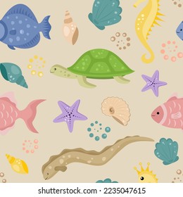 Seamless pattern marine fauna. Flat style. Vector illustration 