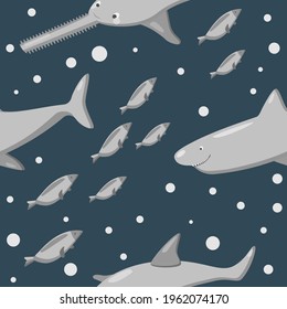 Seamless pattern with marine fish: sawfish, shark, herring. Vector illustration.