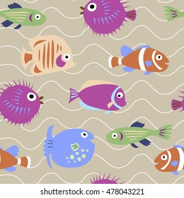 Seamless pattern with a marine fish with waves