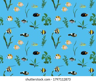 Seamless pattern with marine fishes and water plants in colour image. Species of fish: butterflyfish, triggerfish, surgeonfish (tang), clownfish, bannerfish, moorish idol, sailfin snapper (sea bream)