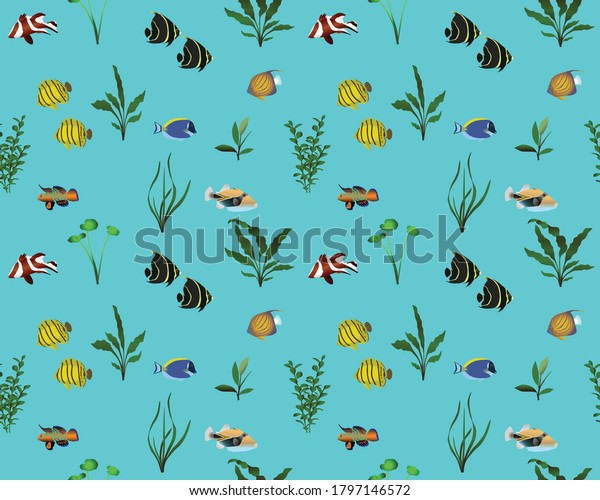 Seamless\
pattern with marine fishes and water plants in colour image.\
Species of fish: butterflyfish, angelfish, surgeonfish (tang),\
triggerfish, mandarinfish, emperor red\
snapper