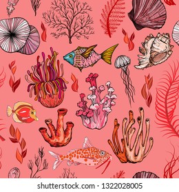 Seamless pattern with marine hand drawn corals, vector illustration