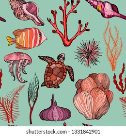 Seamless pattern with marine hand drawn corals and marine life, vector illustration