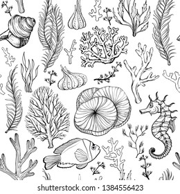 Seamless pattern with marine hand drawn corals, Black and white. vector illustration