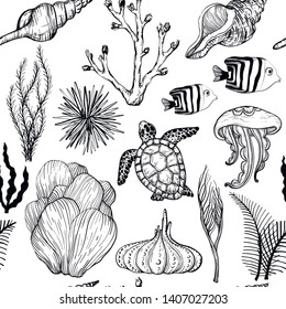 Seamless pattern with marine hand drawn corals and marine life, Black and white. Vector illustration