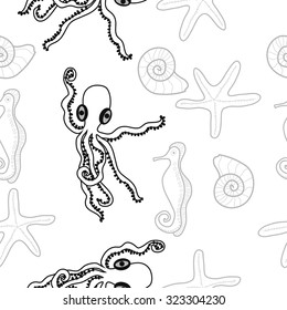 Seamless   pattern  of  marine inhabitants, octopuses, sea horses, stars, shells. Hand drawn.