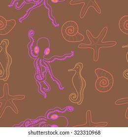 Seamless   pattern  of  marine inhabitants, octopuses, sea horses, stars, shells. Hand drawn.
