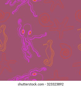 Seamless   pattern  of  marine inhabitants, octopuses, sea horses, stars, shells. Hand drawn.