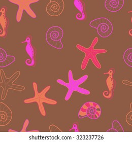 Seamless   pattern  of  marine inhabitants, sea Horses,spirals, hole,shells, stars, spots. Hand drawn.