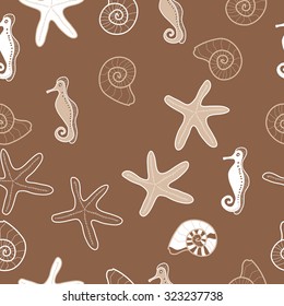 Seamless   pattern  of  marine inhabitants, sea Horses,spirals, hole,shells, stars, spots. Hand drawn.