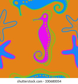 Seamless pattern of marine inhabitants, sea Horses, starfishes. Hand drawn.