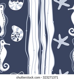 Seamless   pattern  of  marine inhabitants and stripes, sea Horses,shells, stars, spots. Hand drawn.
