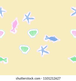Seamless pattern of  marine inhibitions , dashed lines, fishes, shells, tags,  starfishes, spot, hole,  object. Hand drawn.