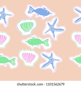 Seamless pattern of  marine inhibitions , dashed lines, fishes, shells, tags,  starfishes, spot, hole,  object. Hand drawn.