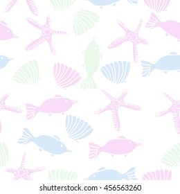 Seamless    pattern of  marine inhibitions , doodles, starfishes, spot, hole,  fishes, shells, object. Hand drawn.