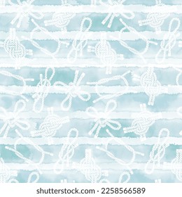 Seamless pattern with marine knots on blue striped watercolor background.  Vector. Perfect for design templates, wallpaper, wrapping, fabric and textile.