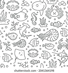 Seamless pattern with marine life. Black and white thin line icons