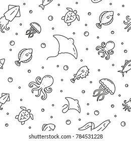 Seamless pattern with Marine life, black and white icons
