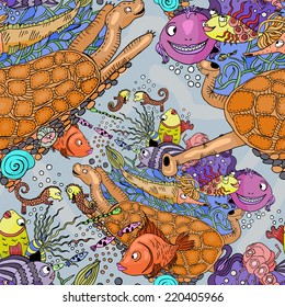 Seamless pattern with marine life, cartoon