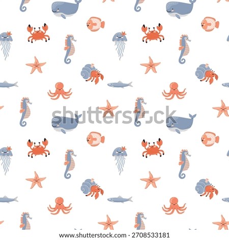 Seamless pattern with marine life for children's room decor. Underwater element. Background for children's design, flat style vector.