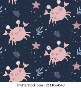 Patrón sin foco con vida marina, cangrejo, pez estrella, algas. Ideal para ropa infantil, papel pintado, textiles, papel de envoltura. Ilustración dibujada a mano por vectores.