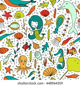Seamless pattern marine life. Fish, algae, sea animals, seashell, mermaid and bubbles drawn by hand in cartoon style on white background.