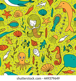 Seamless pattern marine life. Fish, algae, sea animals, seashell, mermaid and bubbles drawn by hand in cartoon style on yellow-green background.