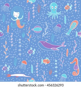 Seamless pattern marine life. Fish, algae, sea animals,  mermaid and bubbles drawn by hand in cartoon style on blue background.