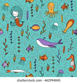 Seamless pattern marine life. Fish, algae, sea animals, mermaid and bubbles drawn by hand in cartoon style on turquoise background.