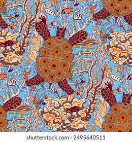 Seamless pattern. Marine life. Hand-drawn  illustration. Vector