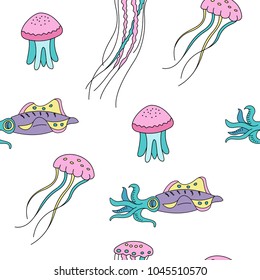 Seamless pattern of marine life. Jellyfish and squid. Vector illustration.