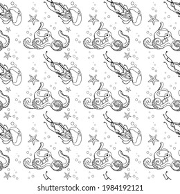 Seamless pattern with marine life, jellyfish and octopus. Black outline, silhouette of marine animals. Print on fabric or on notepads, background image for your design. EPS10.